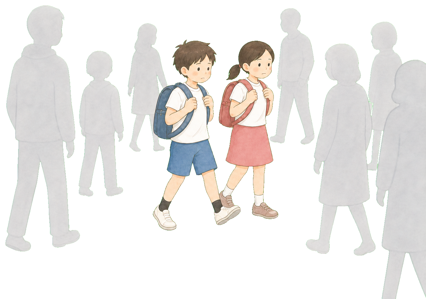薄いグレーの人影がいる人混みの中を子ども二人が歩くイラスト