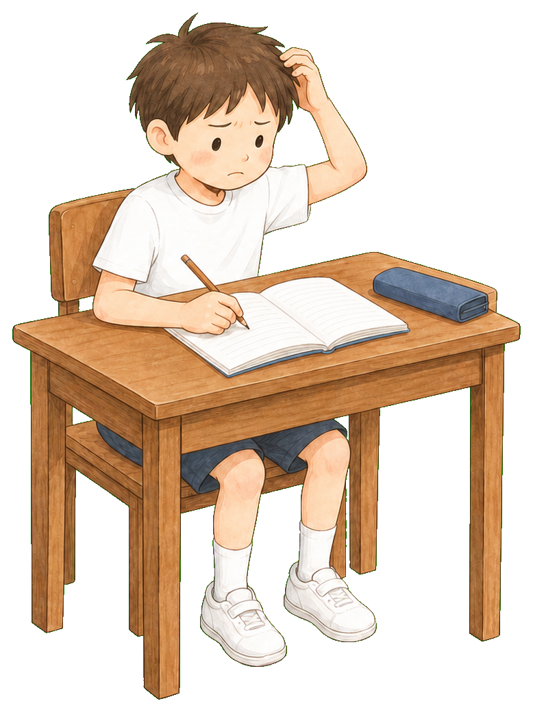 机で勉強しながら少し困っている小学生の男の子のイラスト