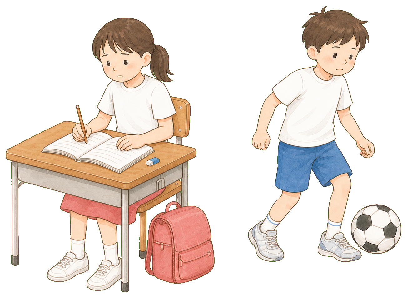 机で勉強している女の子とサッカーをしている男の子のイラスト