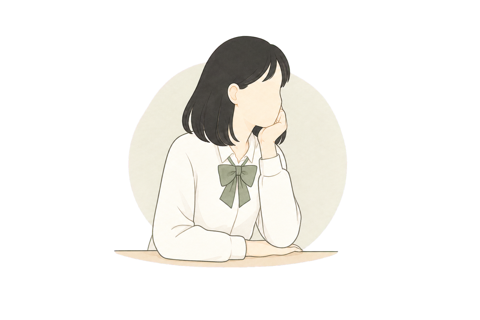 机で頬杖をついて考えている子どものイラスト